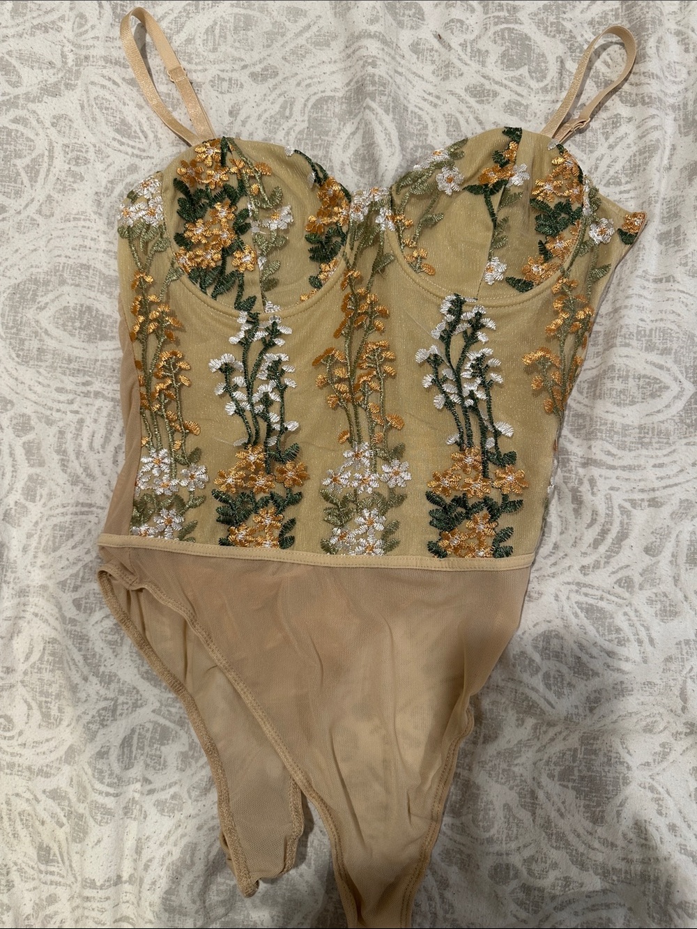 Lulu's essence of elegance beige embroidered bustier bodysuit